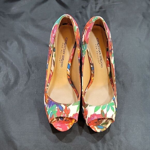 CHRISTIAN SIRIANO PEEP TOE HIGH HEEL STILETTO MULTI-COLOR FLORAL DETAILS PUMP - Picture 2 of 14